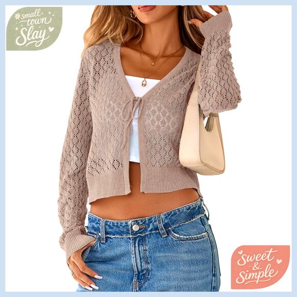 Crochet Cardigan Tie Front Shrug Long Sleeve Cropped Knit Sweater